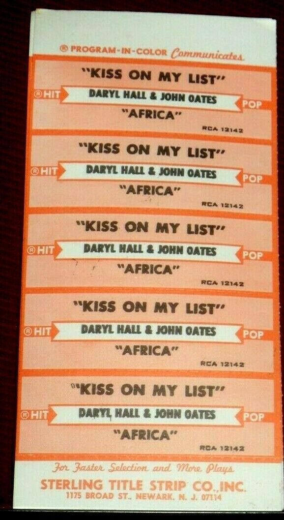 Jukebox Title Strip Sheet - Daryl Hall & John Oates "kiss On My List" Rca 12142