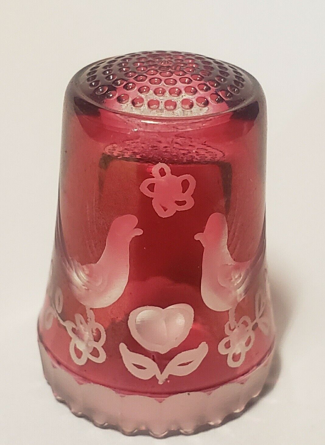 Vintage Etched Cranberry Art Glass Scalloped Edge Thimble Western Germany Birds