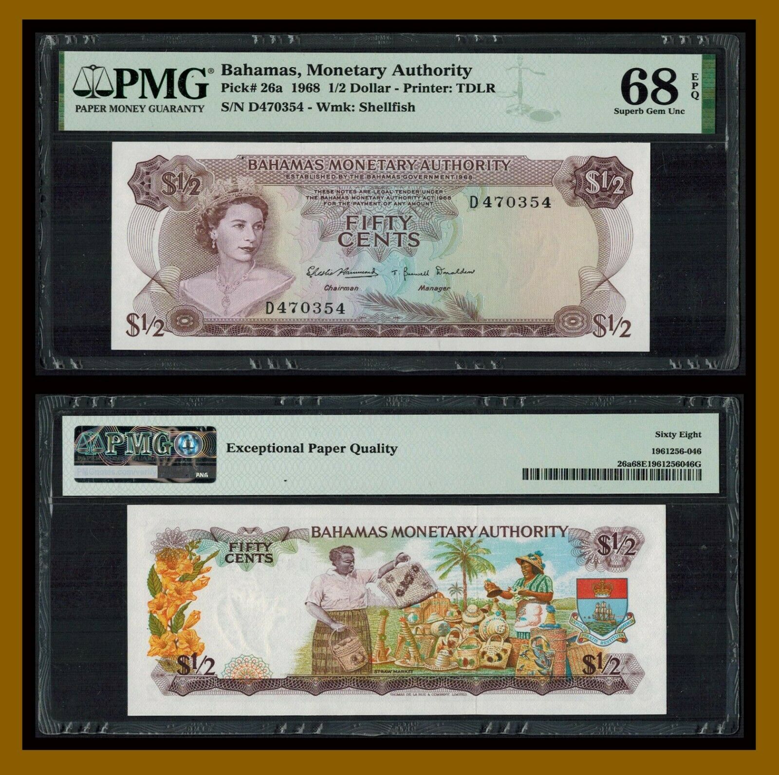 Bahamas 1/2 (half) Dollar (50 Cents), 1968 P-26a Qeii Pmg 68 Epq (top Pop)