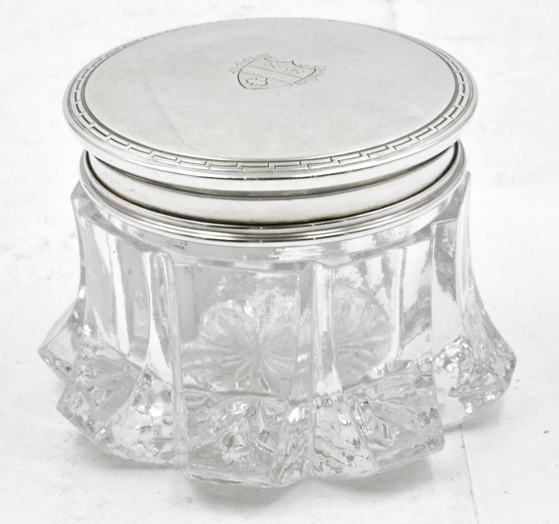 Antique William B Kerr Sterling Silver Top Cut Glass Bulbous Vanity Tray Jar