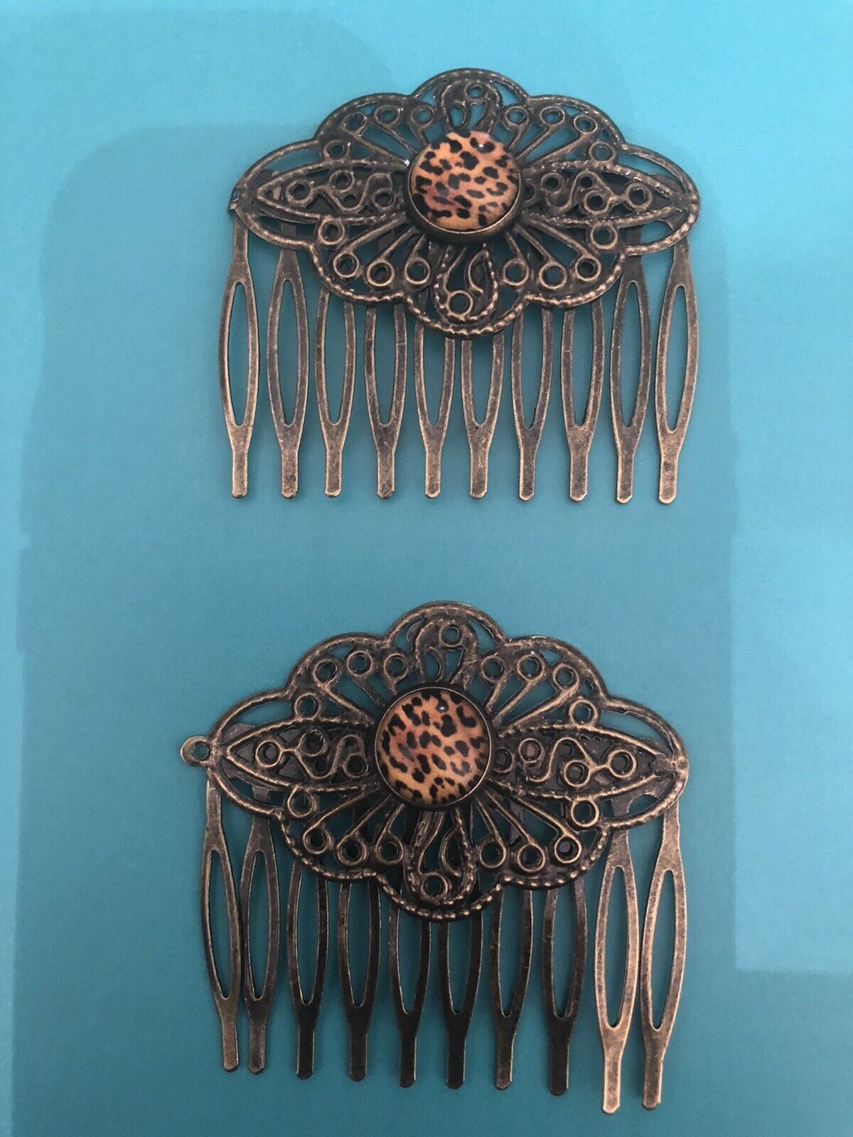 (2) Leopard  Cabochon Vintage Bronze Filigree Small Hair Combs
