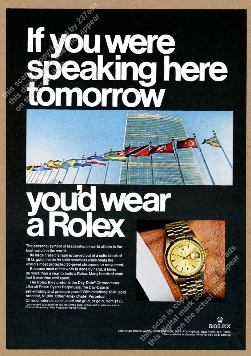 1967 Rolex Day Date Gold Watch United Nations Color Photo Vintage Print Ad