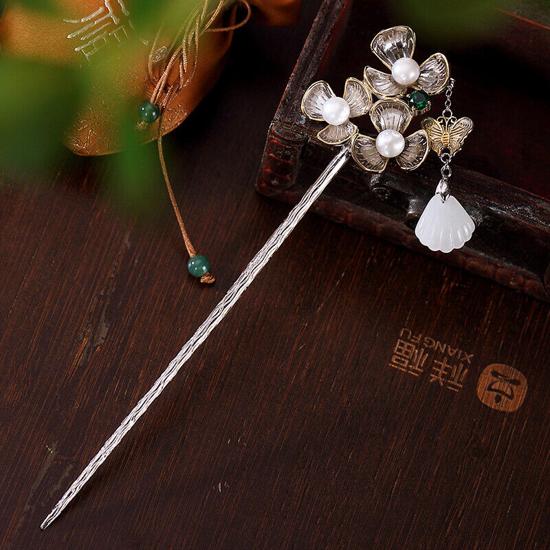 China Fashion Women Hetian Jade Conch Flower Hairpin Hair Clasp Pure Silver S925
