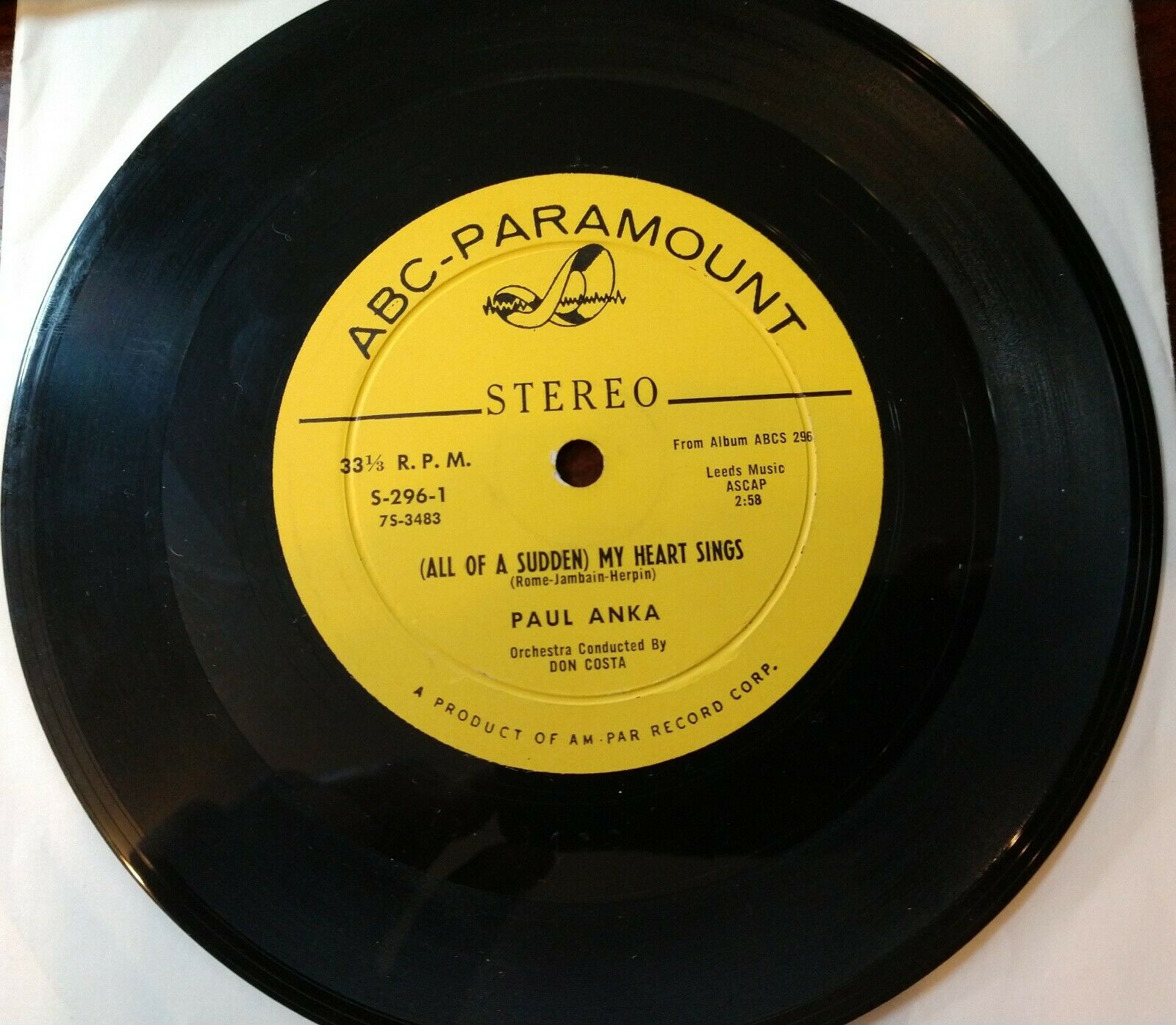 Paul Anka My Heart Sings -under Paris Skies Abc 296 7" Super Mega Rare Stereo 33