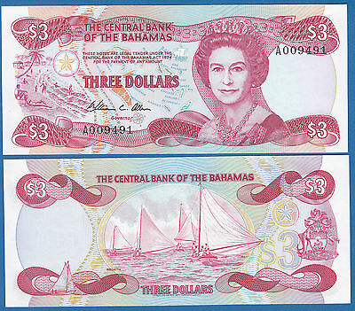 Bahamas 3 Dollars P 44 A L. 1974 (1984) Unc Sign. Wc Allen Low Ship Combine Free