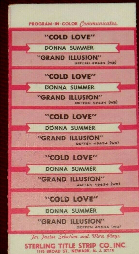 Jukebox Title Strip Sheet - Donna Summer "cold Love" Geffen 49634