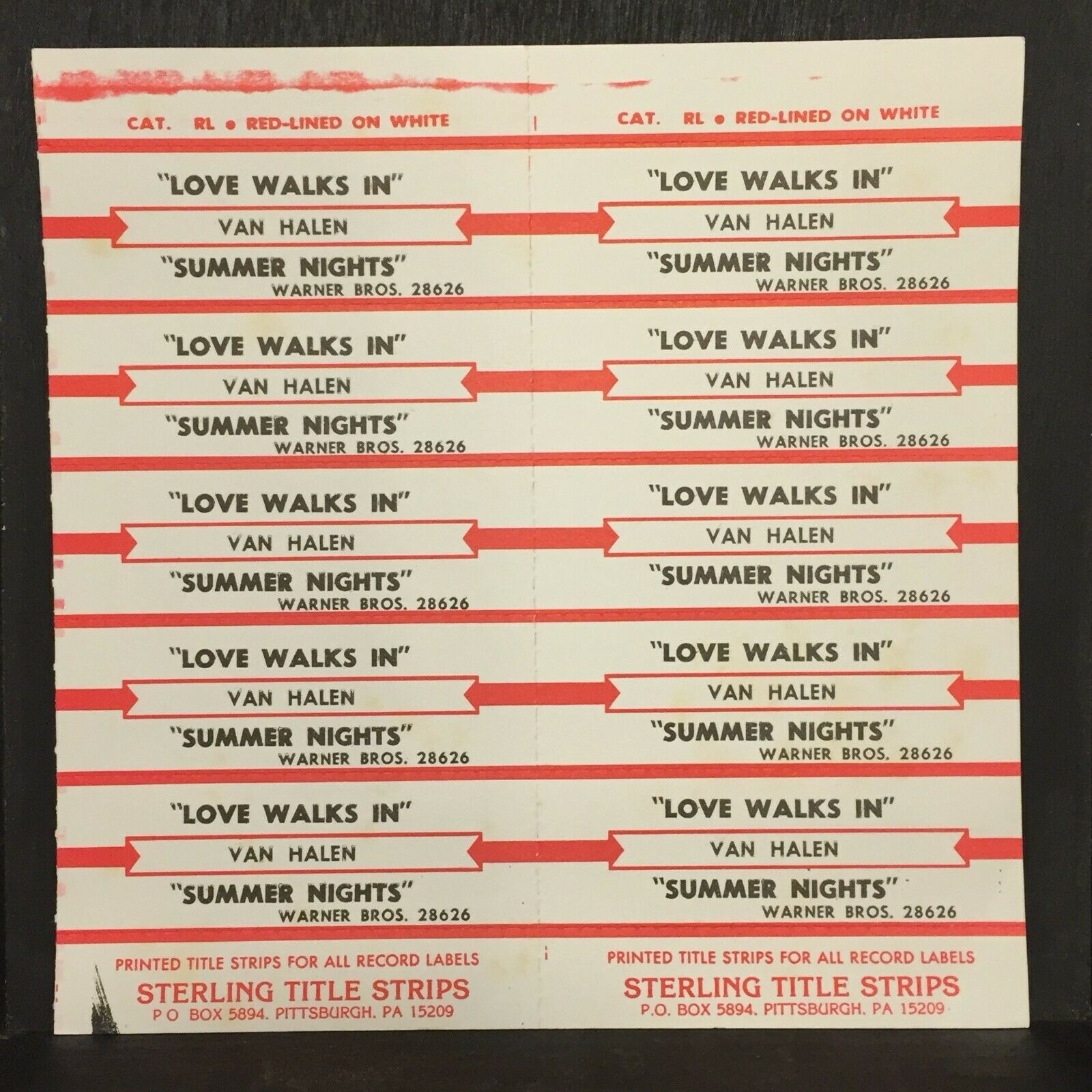 Van Halen Love Walks In Summer Nights Jukebox Title Strip Sheet