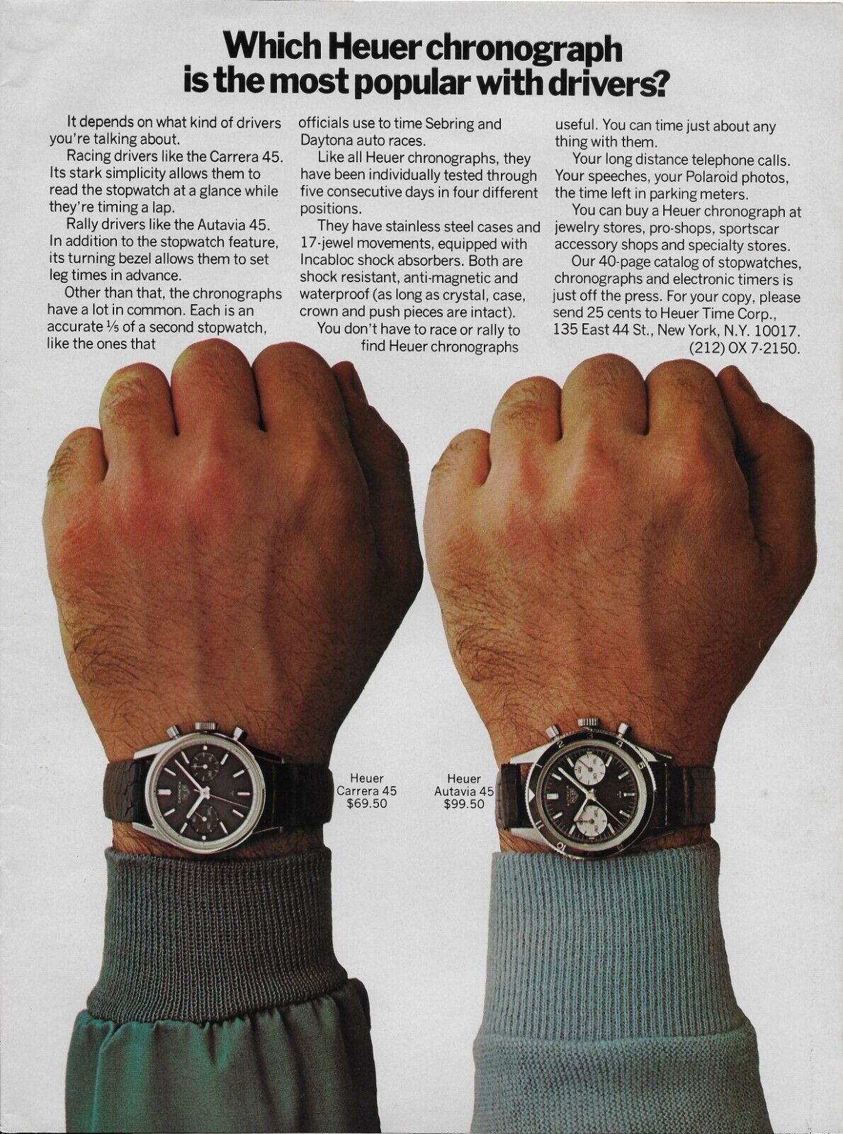 1967 Tag Heuer Carrera 45 Autavia Chronograph Race Watch Vintage Color Print Ad